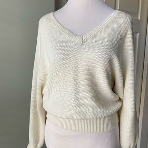 Anthropologie Cream Vneck Waffle Knit Cotton Oversized Pullover Sweater Top XS